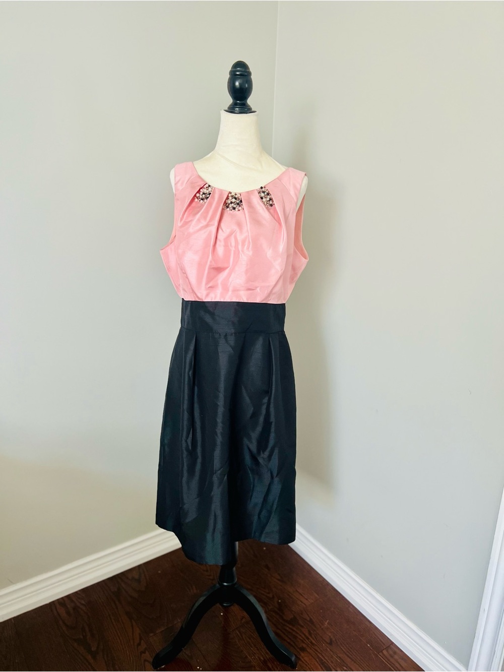 Pink and Black Midi Dress with Embellished Neckline